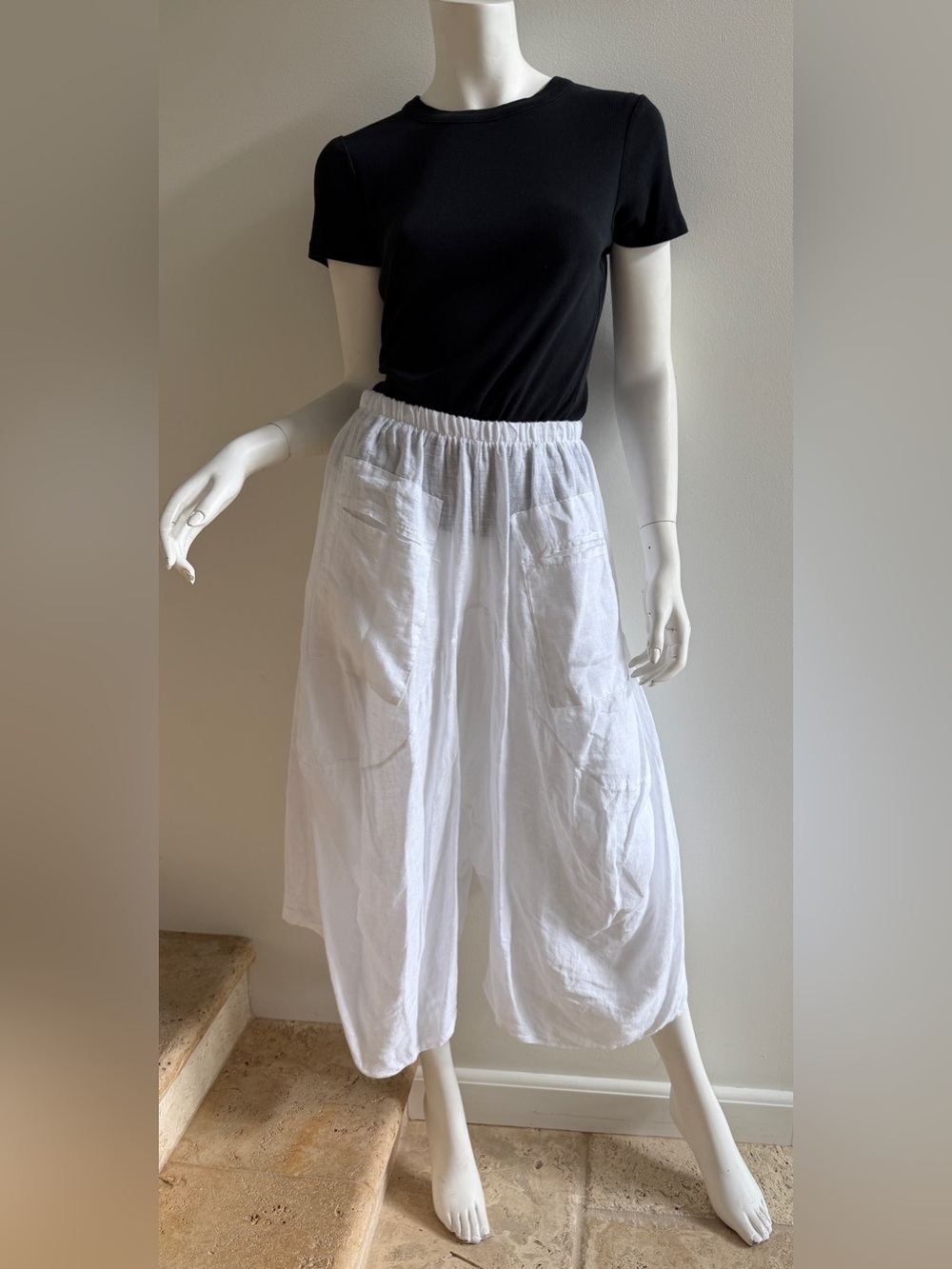 DEVITALIA Wide-Leg Harem Linen Cropped Pant Pants, One Size